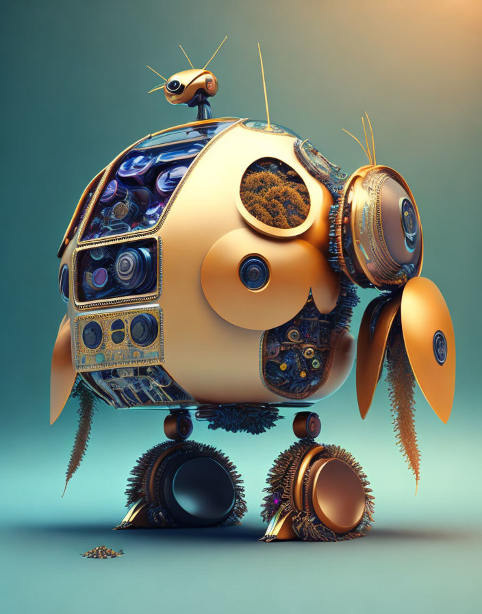 Intricate spherical robot with gadgets and antennas on teal background