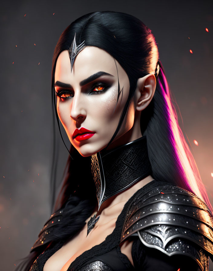 Fantasy female character with pointed ears, dark armor, face paint, and purple hair streak