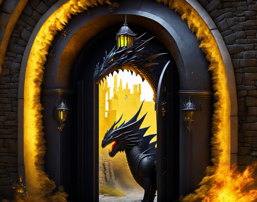 Black Dragon Breathing Fire at Medieval Castle Entrance