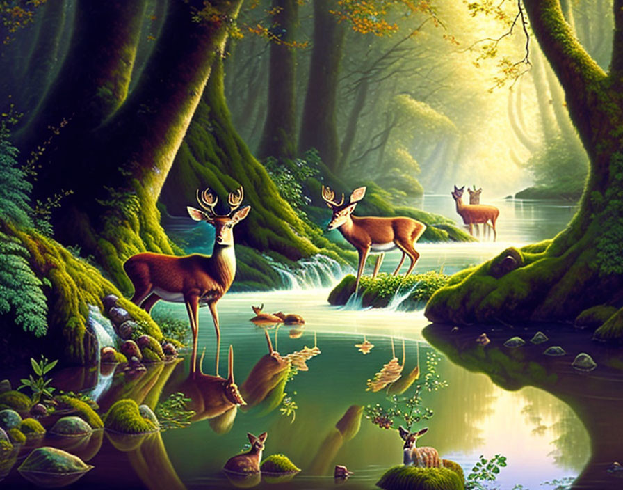 Tranquil forest landscape with deer, river, greenery, sunbeams, reflections