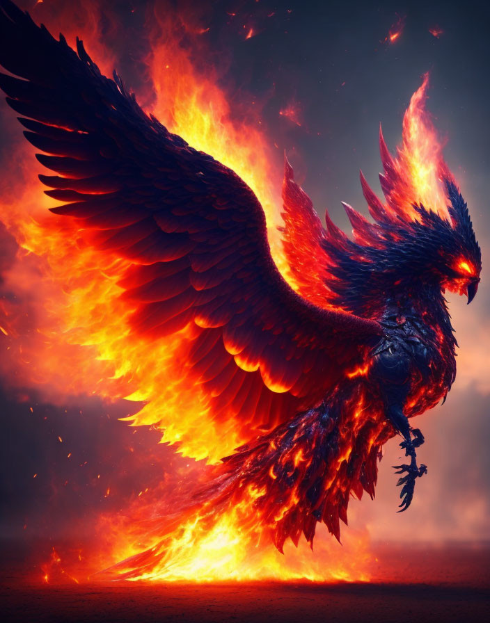 Majestic phoenix flying amidst flames and smoke