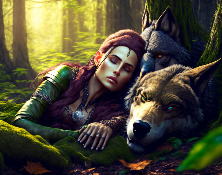 Red-haired woman with wolves in sunlit forest