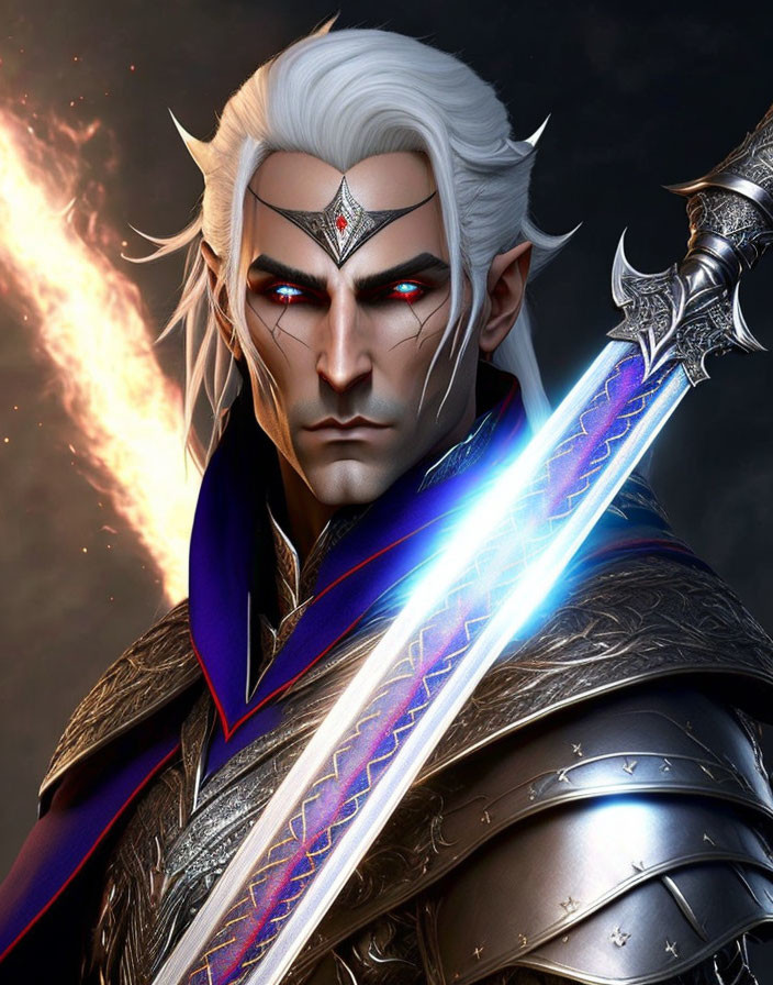 White-Haired Elf in Silver Armor with Glowing Sword