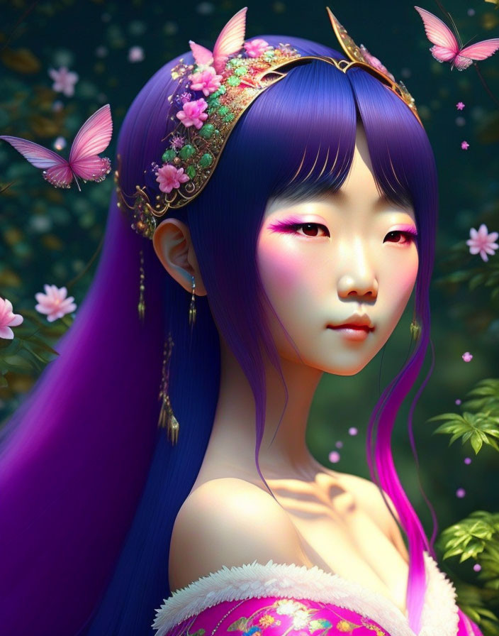 Purple-haired woman with floral headpiece, butterflies, and green background.