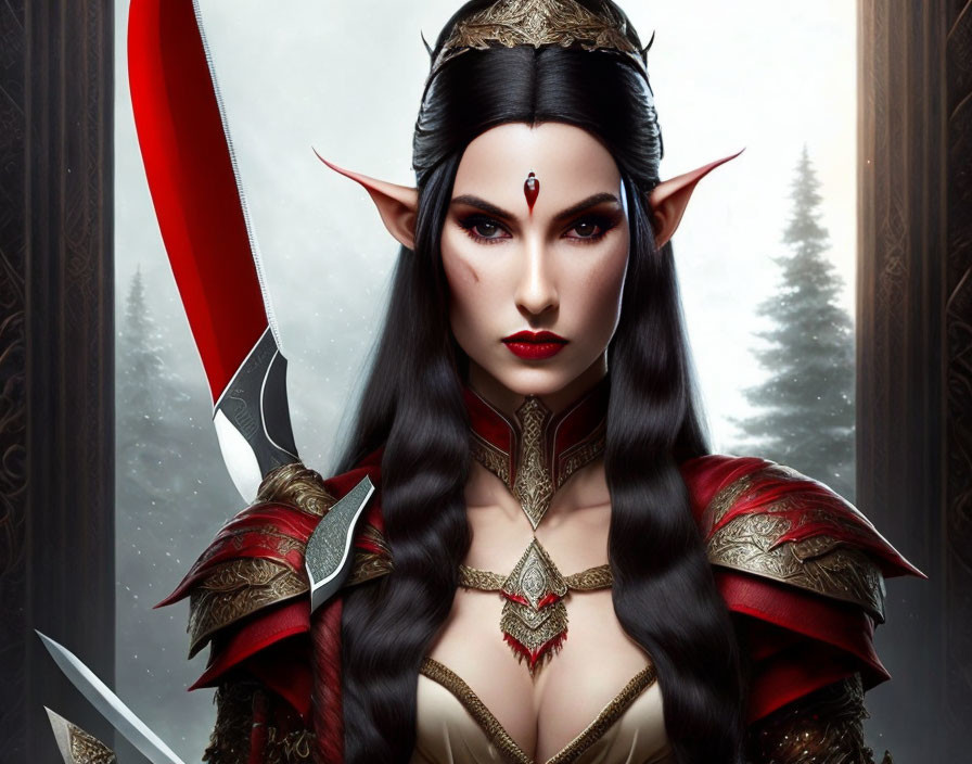 Elven warrior digital art: fierce warrior in red and gold armor with sword in winter forest.