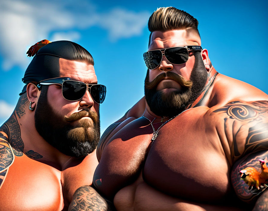 Muscular Men with Tattoos and Sunglasses Under Blue Sky