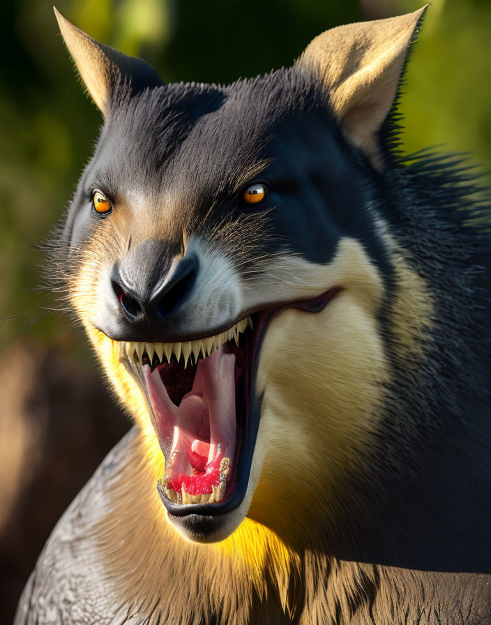 Digital creature with wolf-like features, fangs, yellow eyes, black and yellow fur.