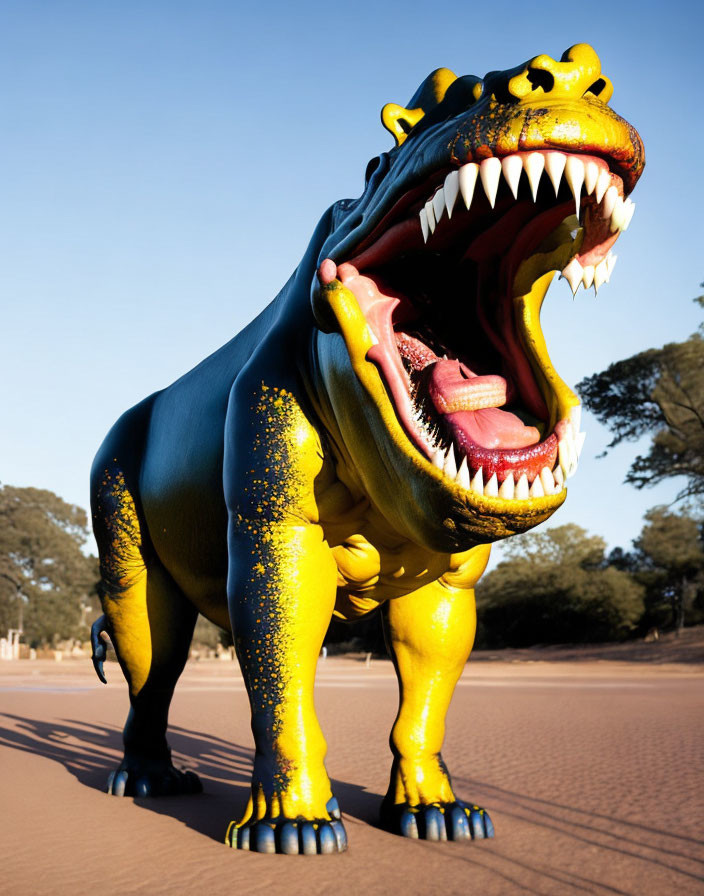 Vibrant yellow and blue T-Rex statue with gold speckles outdoors