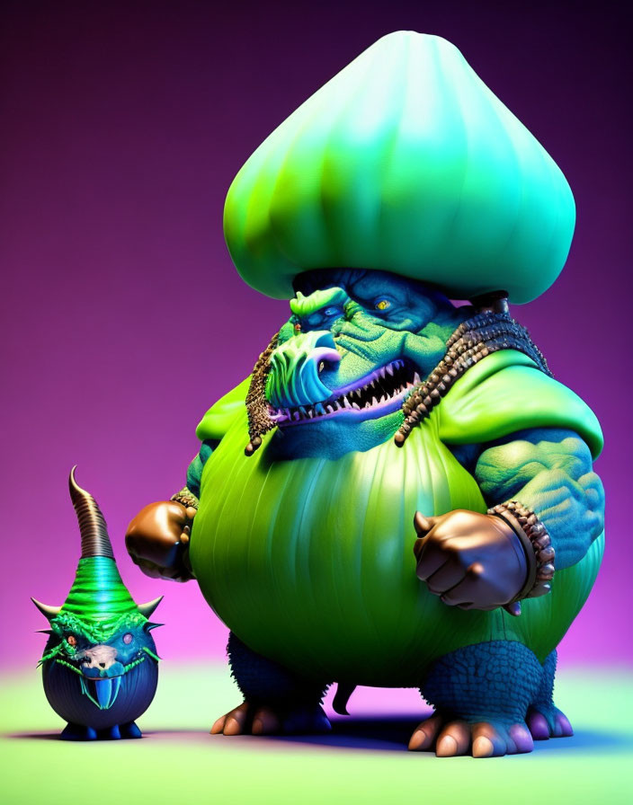 Digital artwork of two green-skinned monstrous characters: one large with a squash-shaped body, the other