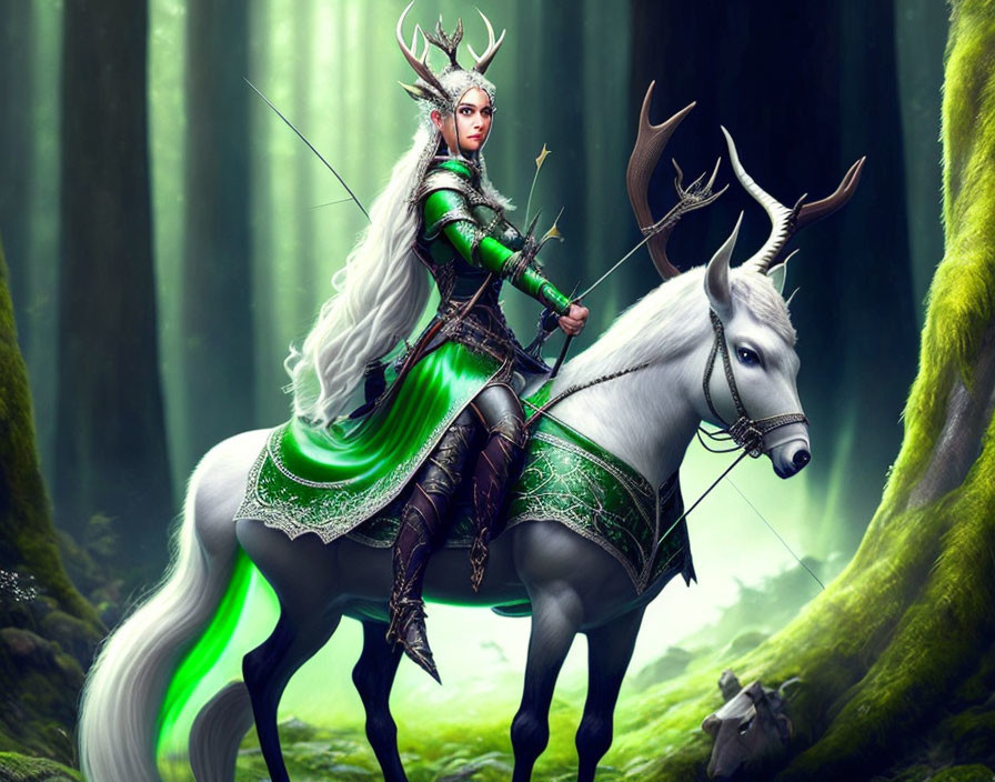 Elf warrior in green and white armor riding white stag in enchanting forest