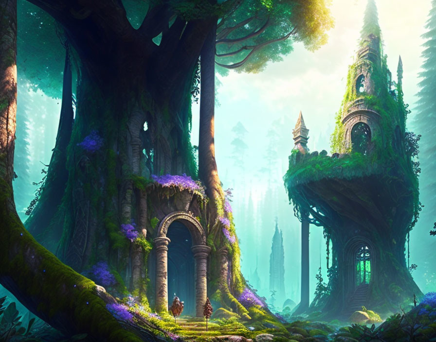 Enchanting forest with towering trees, ruins, greenery, purple flowers & distant tower