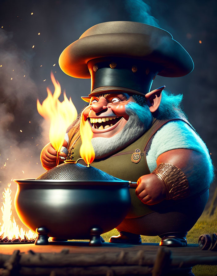 Animated chef stirring flaming pot at night with tall hat