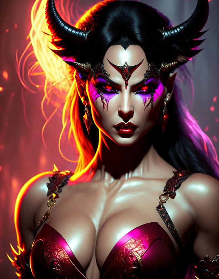 Fantasy female character with horns, violet eyes, red skin, and elaborate makeup in fiery armor.