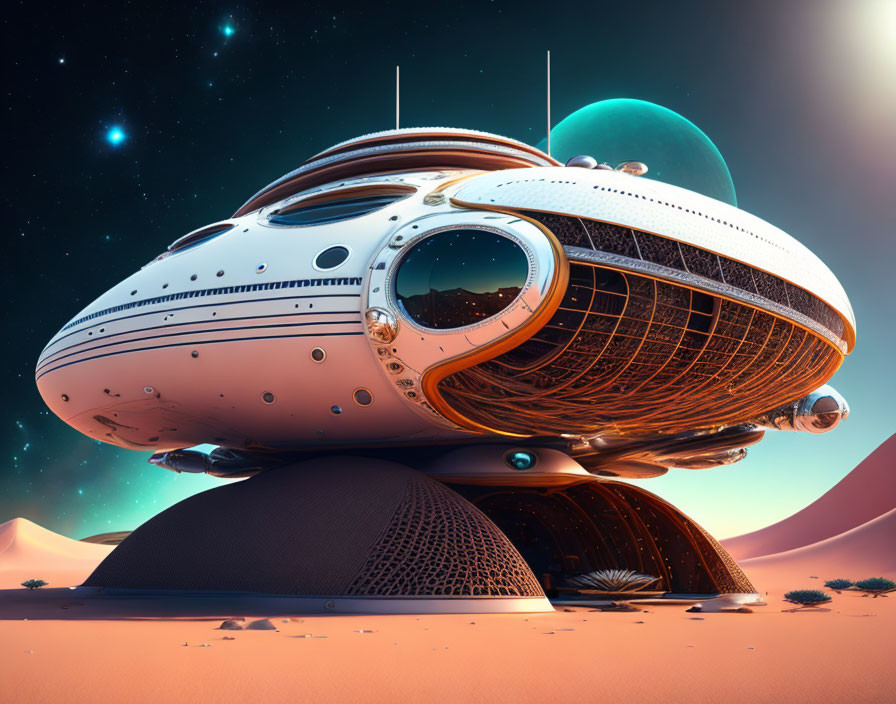 Futuristic spaceship on alien planet with large windows and antenna