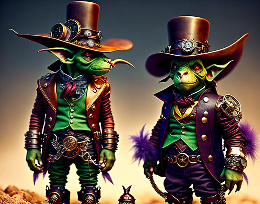 Fantastical goblin characters in steampunk attire in desert setting