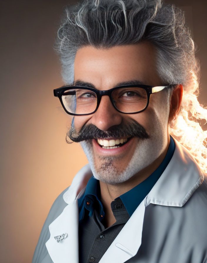 Gray-haired man in lab coat smiling with glasses and mustache on warm background