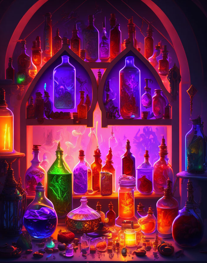 Colorful Illuminated Potion Bottles in Gothic Archway