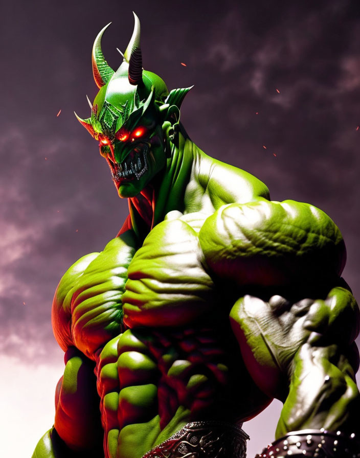 Muscular green fantasy creature with red eyes, horns, and sharp teeth against stormy sky