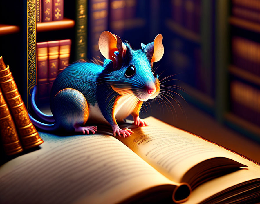 Illustration of blue mouse reading book in cozy library