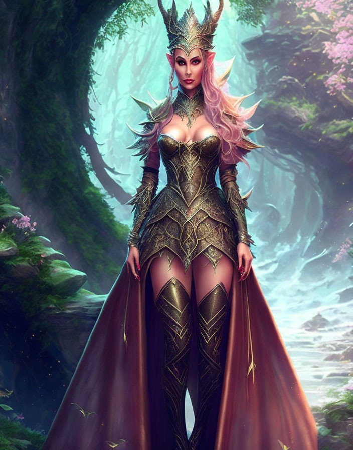 Fantasy queen with pink hair in ornate dress and crown in enchanted forest