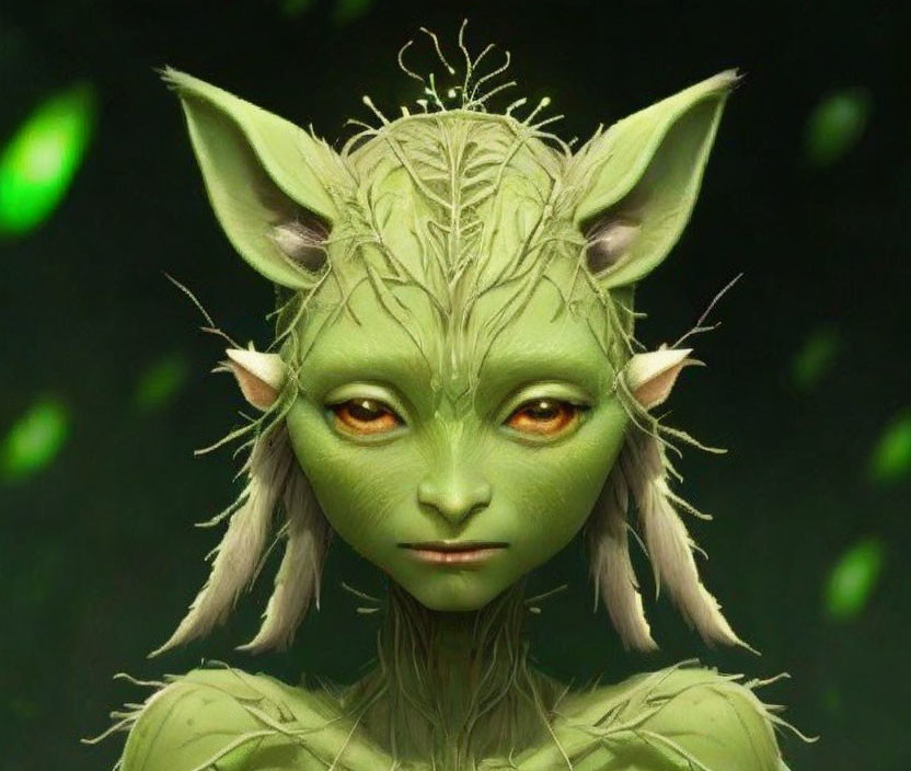 Fantastical creature with green skin, pointed ears, and orange eyes