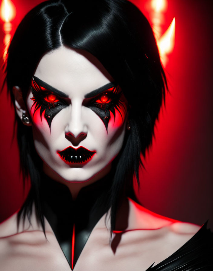 Digital Artwork: Female Character with Red Eyes and Demon-like Aesthetic