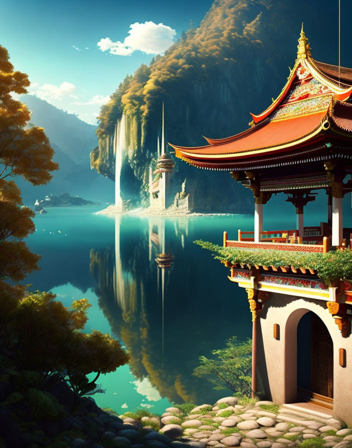 Tranquil pagoda near lake with waterfall, greenery & mountains