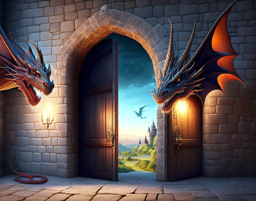 Red dragons guarding castle door in evening landscape with distant castle and torch-lit stone walls.