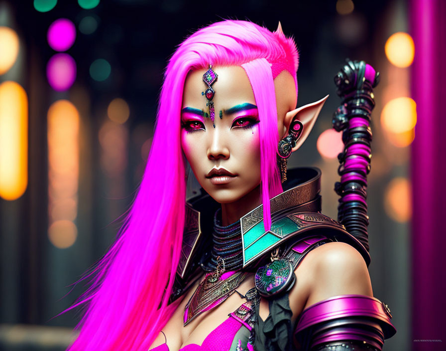 Digital portrait of female character with pink hair, pointed ears, intricate face makeup, futuristic armor.