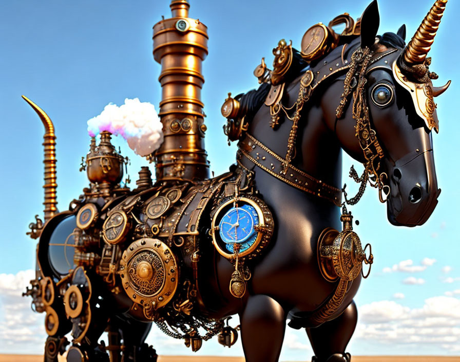 Steampunk mechanical unicorn with brass details, clock, and steam feature