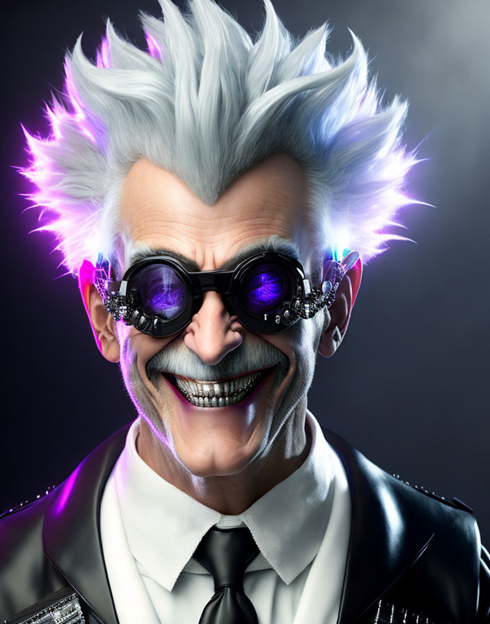 Stylized man with spiked white hair and steampunk goggles