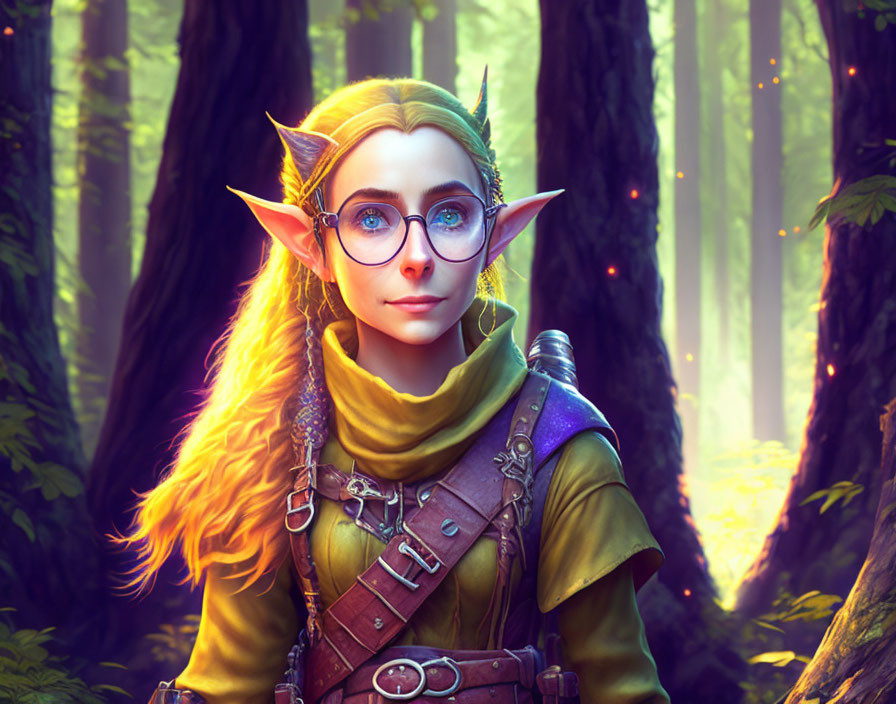 Female Elf with Pointed Ears in Green Medieval Attire in Enchanted Forest