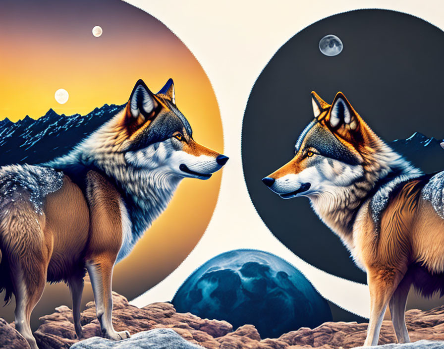 Illustrated wolves against mountain and night sky backdrops