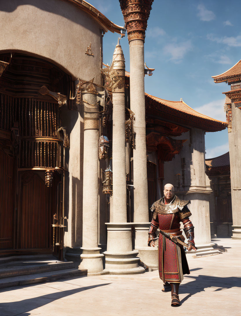 Ornate armored person in classical courtyard with columns