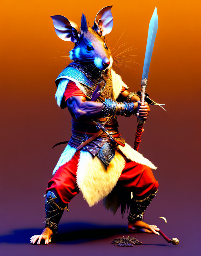 Anthropomorphic Mouse Warrior in Battle Stance with Sword