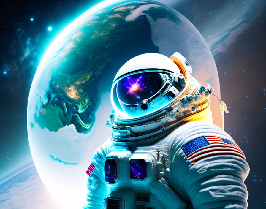 Astronaut in white space suit with American flag patches floats in space with Earth and bright nebula