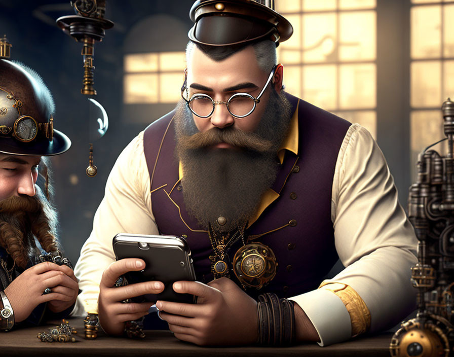 Steampunk-themed men with smartphone in hand, amidst gears and mechanical objects.