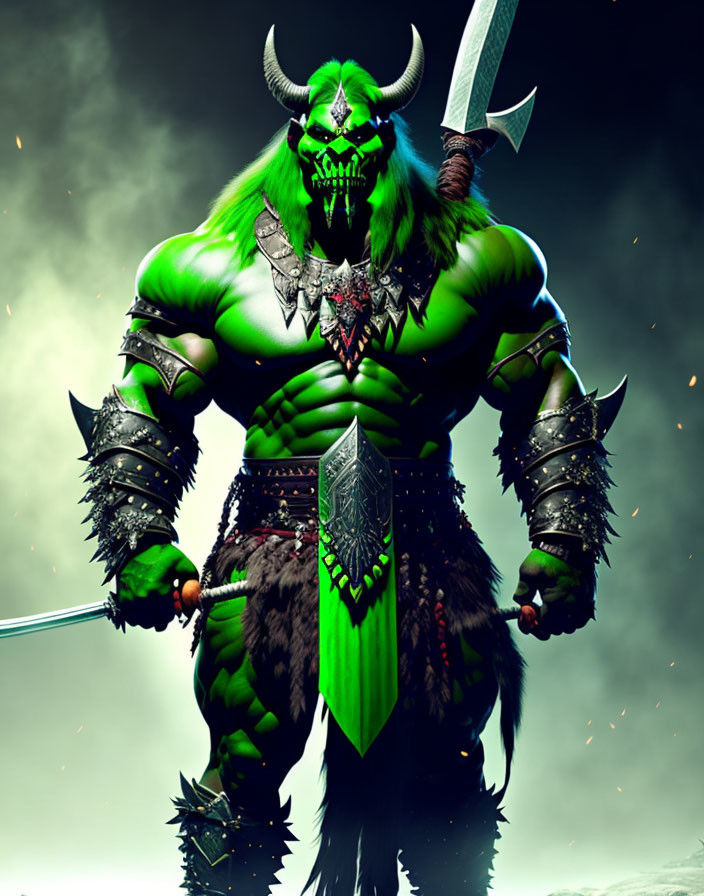 Muscular orc in green armor with sword ready for battle