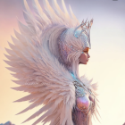 Profile of a person with pastel blue hair and angel wings against a soft sunset sky with image editing