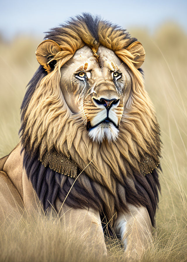 Regal lion with full mane in grassy savannah