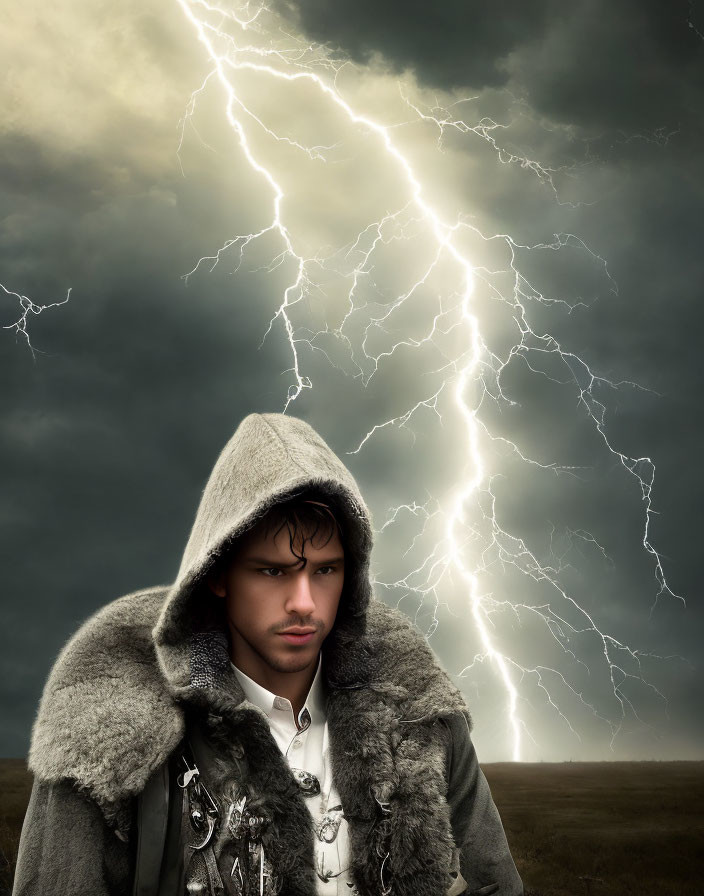 Brooding figure in hooded cloak under stormy sky with lightning bolt