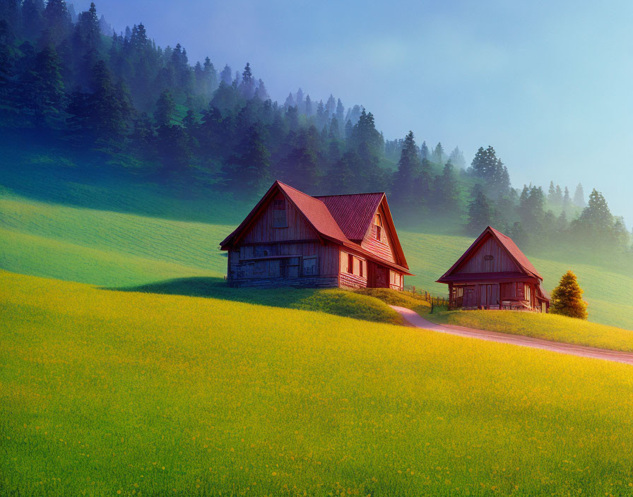 Rustic houses on vibrant green hillside with forest backdrop