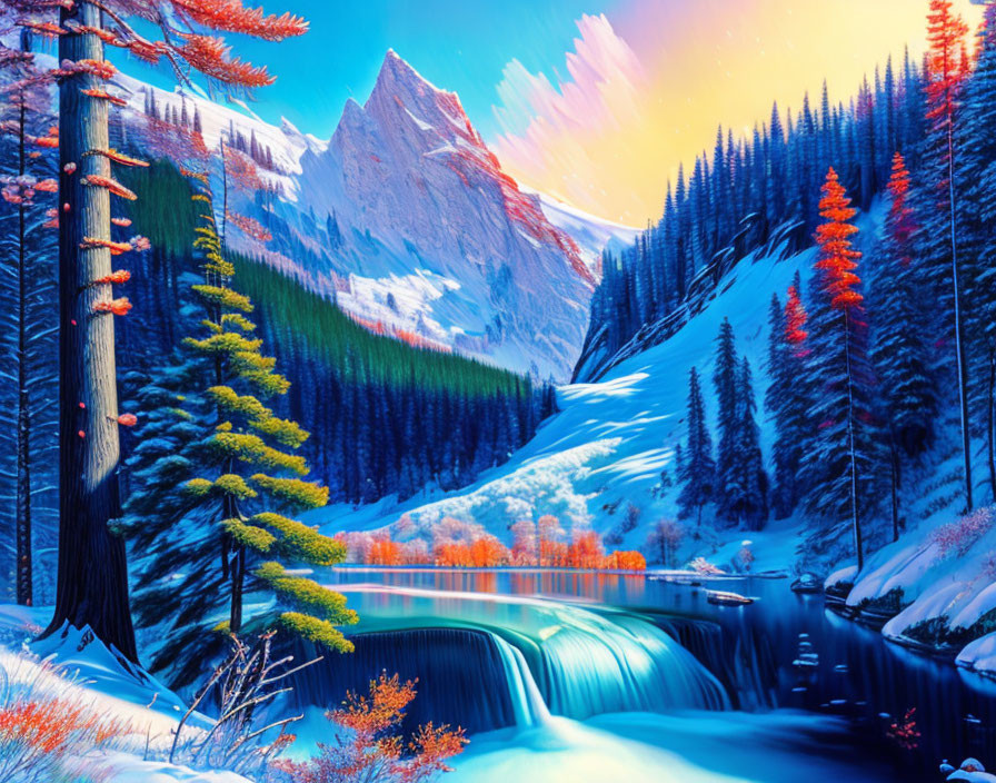 Colorful Winter Landscape: Snowy Mountain, Waterfall, River, Evergreen Trees