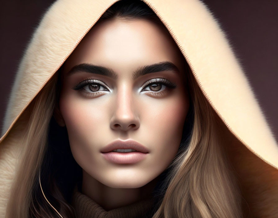 Striking Eyes and Flawless Makeup on Woman with Beige Hood