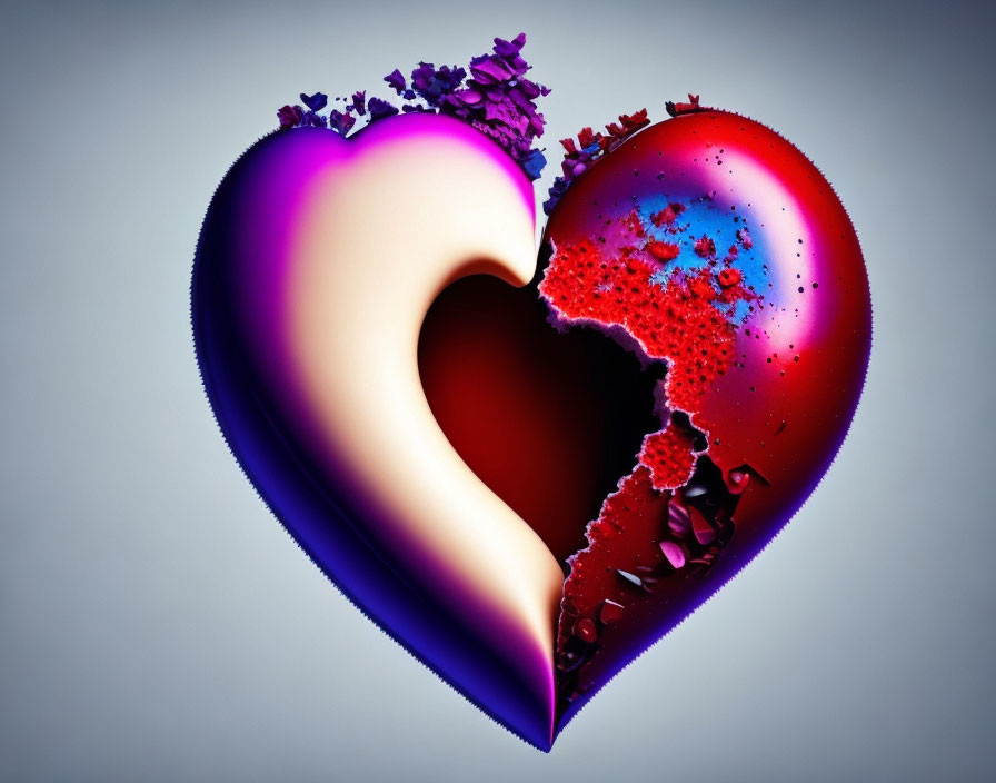 Split 3D heart: purple smooth side, red with blue speckles rugged side