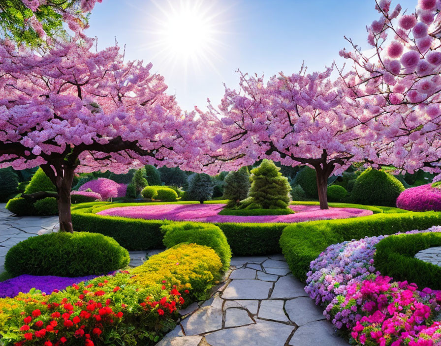 Lush garden with pink cherry trees, colorful flowers, and stone pathway