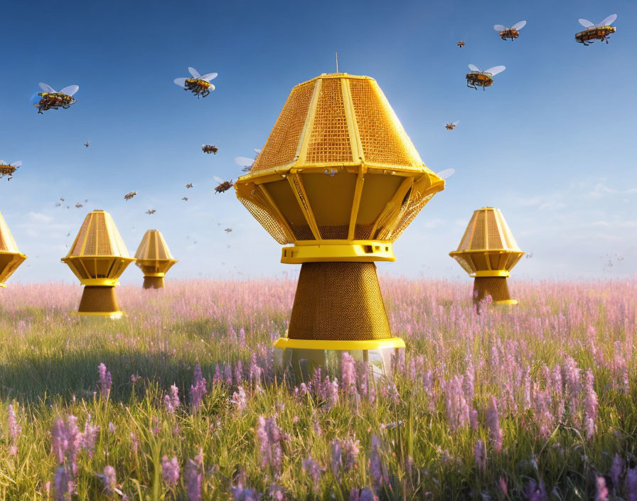 Field with Large Beehive-Shaped Structures and Bees Surrounded by Purple Flowers