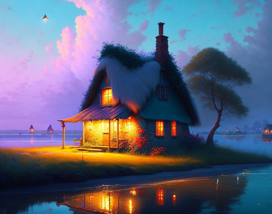 Thatched-Roof Cottage by Calm River at Twilight