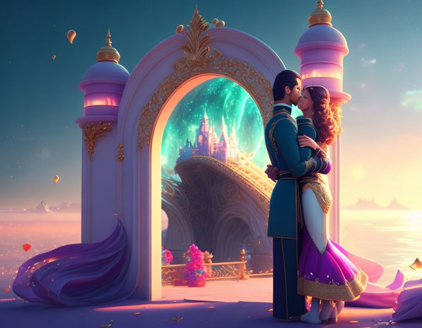 Stylized animated couple embracing in front of ornate archway with pink and violet castle.