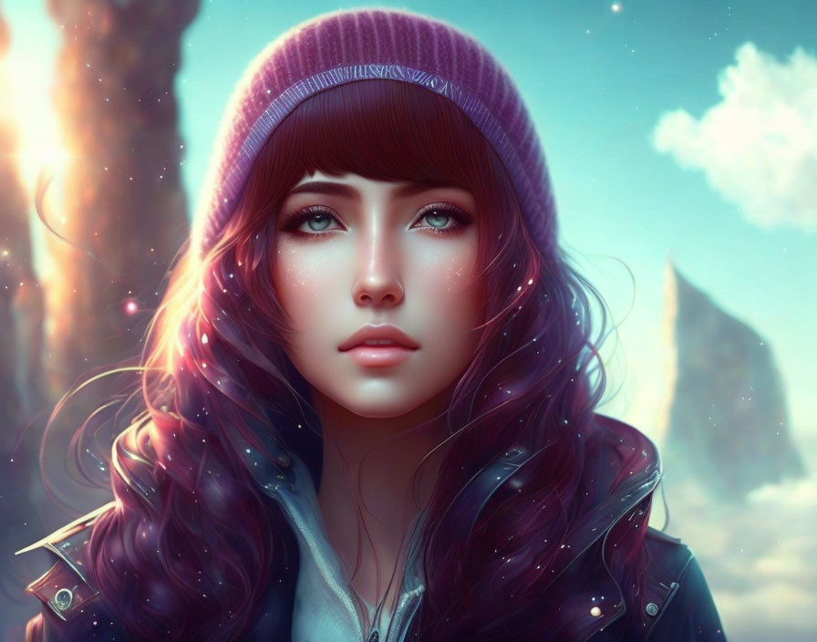 Young woman with big blue eyes and dark hair in purple beanie, featuring dreamy gaze and star